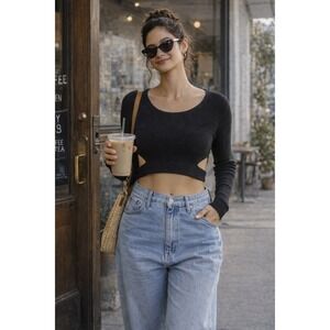 Lucy Paris Nordstrom Cropped Cut Out Sweater Women's Size S Black Long Sleeve